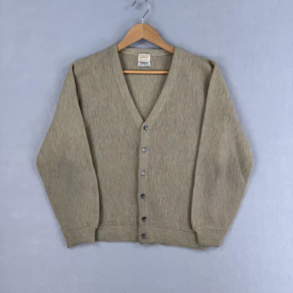 Vintage Brent Sweater Mens Large Beige Acrylic V Neck Knit Cardigan Zefkrome 60s